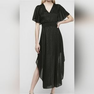 NWT EXPRESS Metallic Dot Smocked Waistband Maxi Dress in Black Size XXS